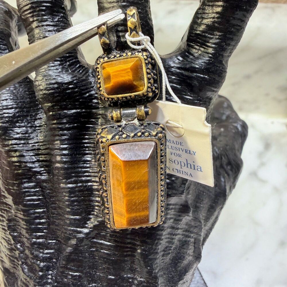 Lia Sophia Tiger's Eye Pendant Two-Tier Drop NWT Antique Gold-Tone